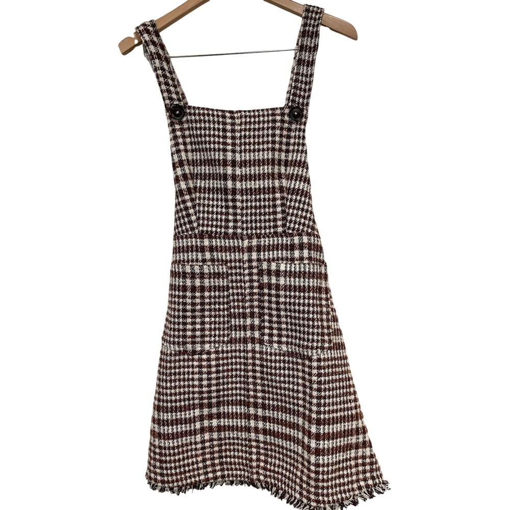 Vtg Brown Houndstooth Pinafore Dress Tweed‎ Academia Mini Overall S